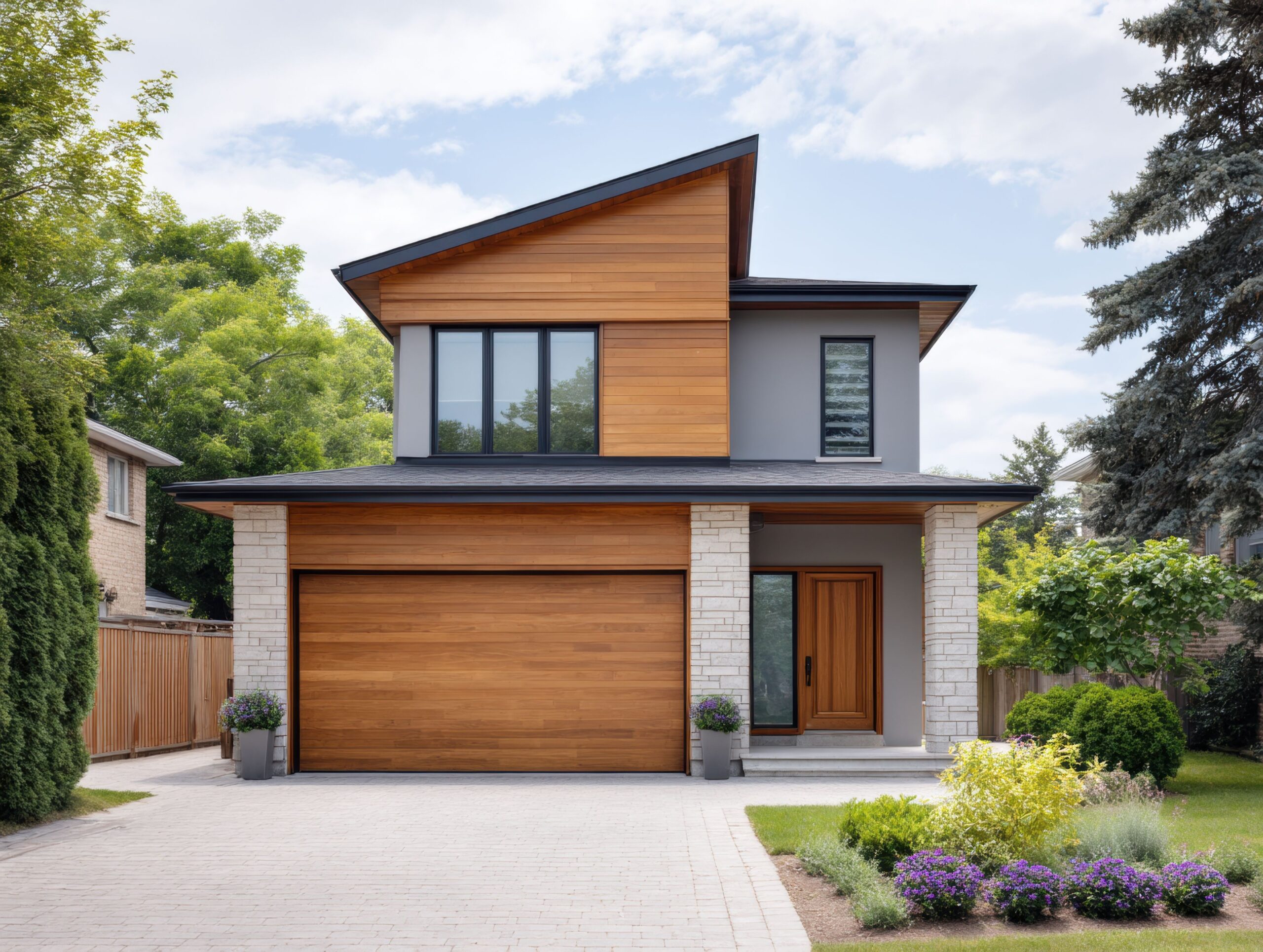 Moderner Hauseingang mit Holzdetails – Beispiel für aufgeräumtes Design und indirekte Integration einer Mülltonnenbox Holz
