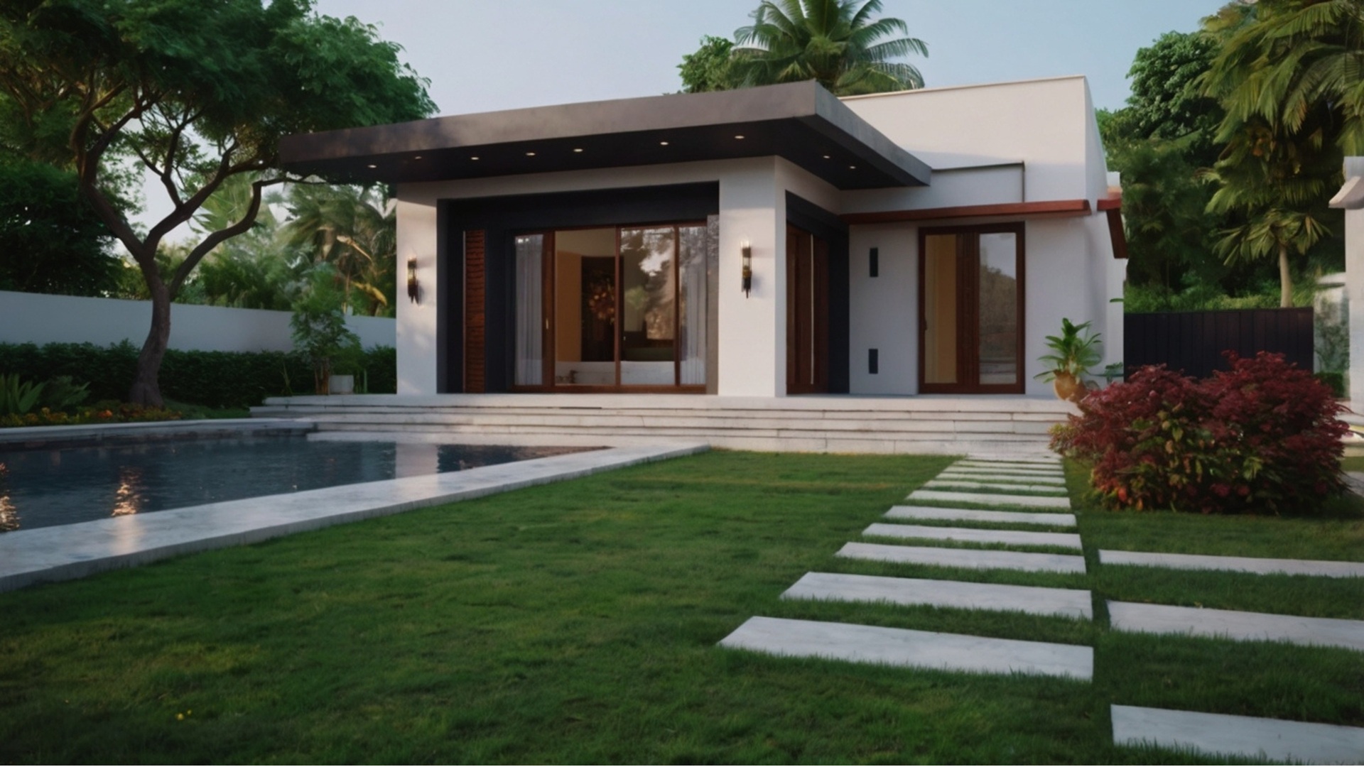 Designgarten mit Pool und Plattenweg | Mülltonnenbox