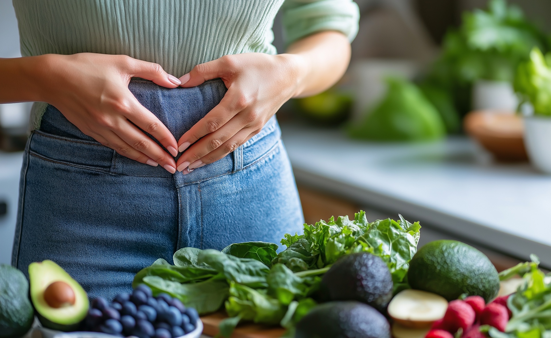 Frau formt Herz vor Bauch mit Obst und Gemüse | Nahrungsergänzungsmittel