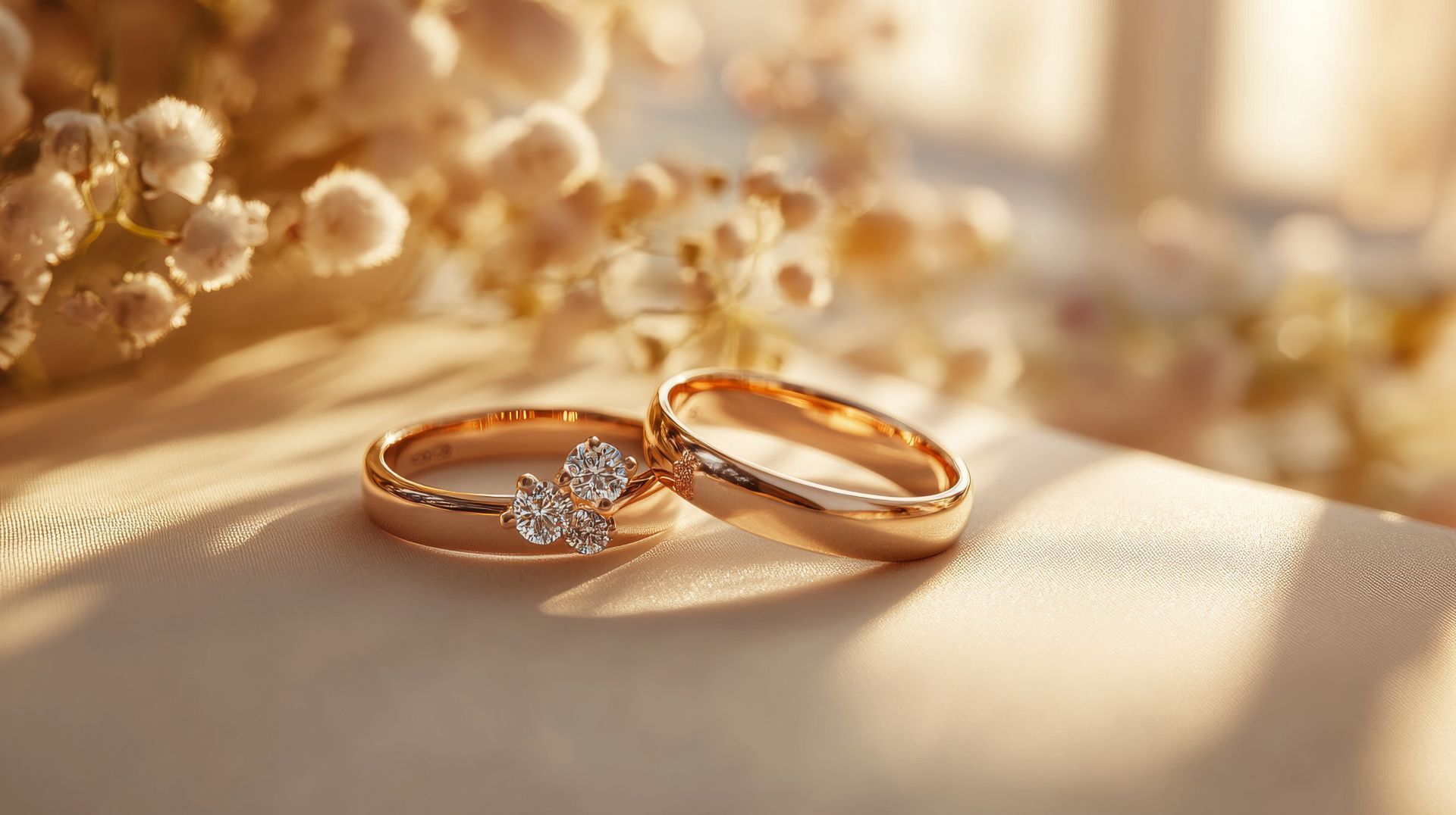 Zwei roségoldene Trauringe mit Diamantverzierung liegen auf hellem Stoff im Sonnenlicht – stilvoll und zeitlos