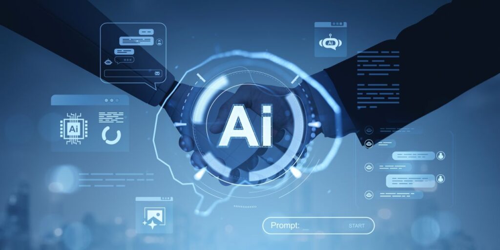 AI Symbol mit Handschlag und digitalen Interfaces – intelligente Systeme unterstuetzen Online Seminarverwaltung