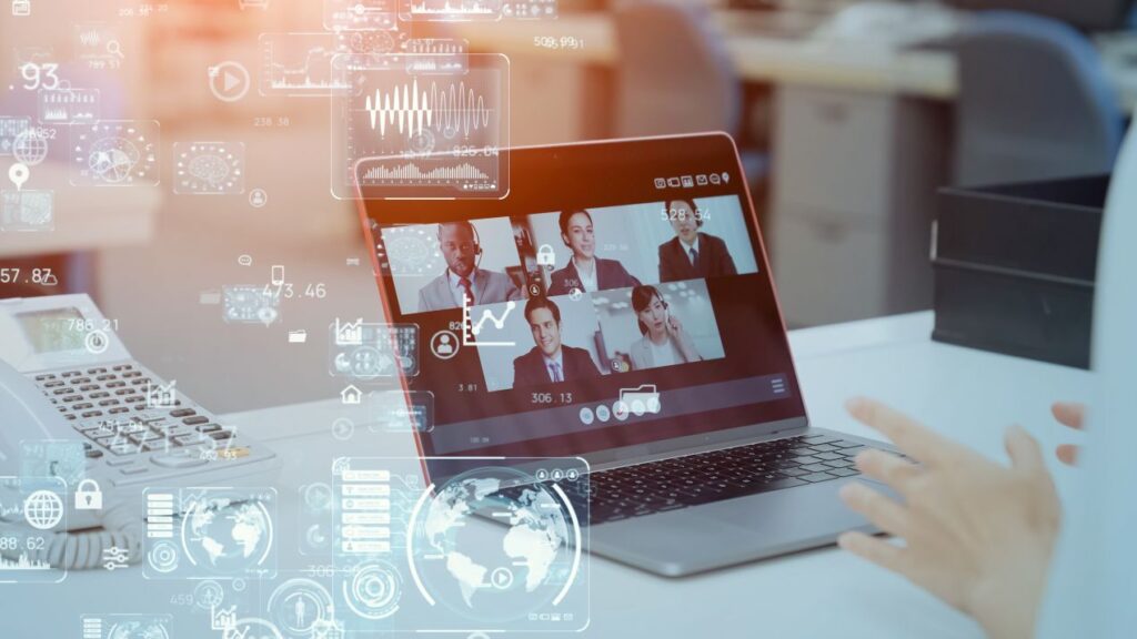 Digitale Benutzeroberflaeche mit Videokonferenz auf Laptop – effiziente Online Seminarverwaltung fuer moderne Schulungen