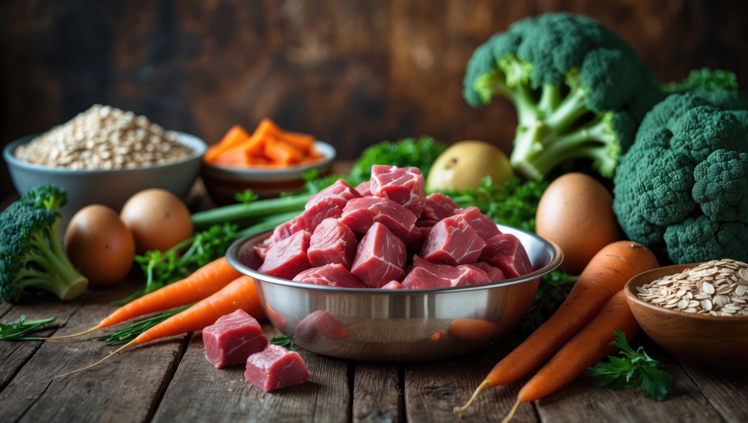 Schale mit gewürfeltem rohem Fleisch für einen Hund oder eine Katze, auf einem rustikalen Holzboden platziert, mit frischem Gemüse darum herum