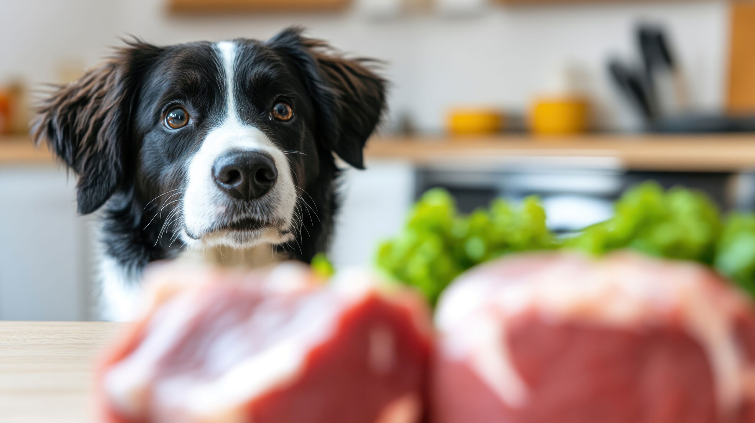 Ein neugieriger Hund beobachtet aufmerksam rohes frisches Fleisch, das während entspannter Momente zu Hause auf der Küchenarbeitsplatte liegt.