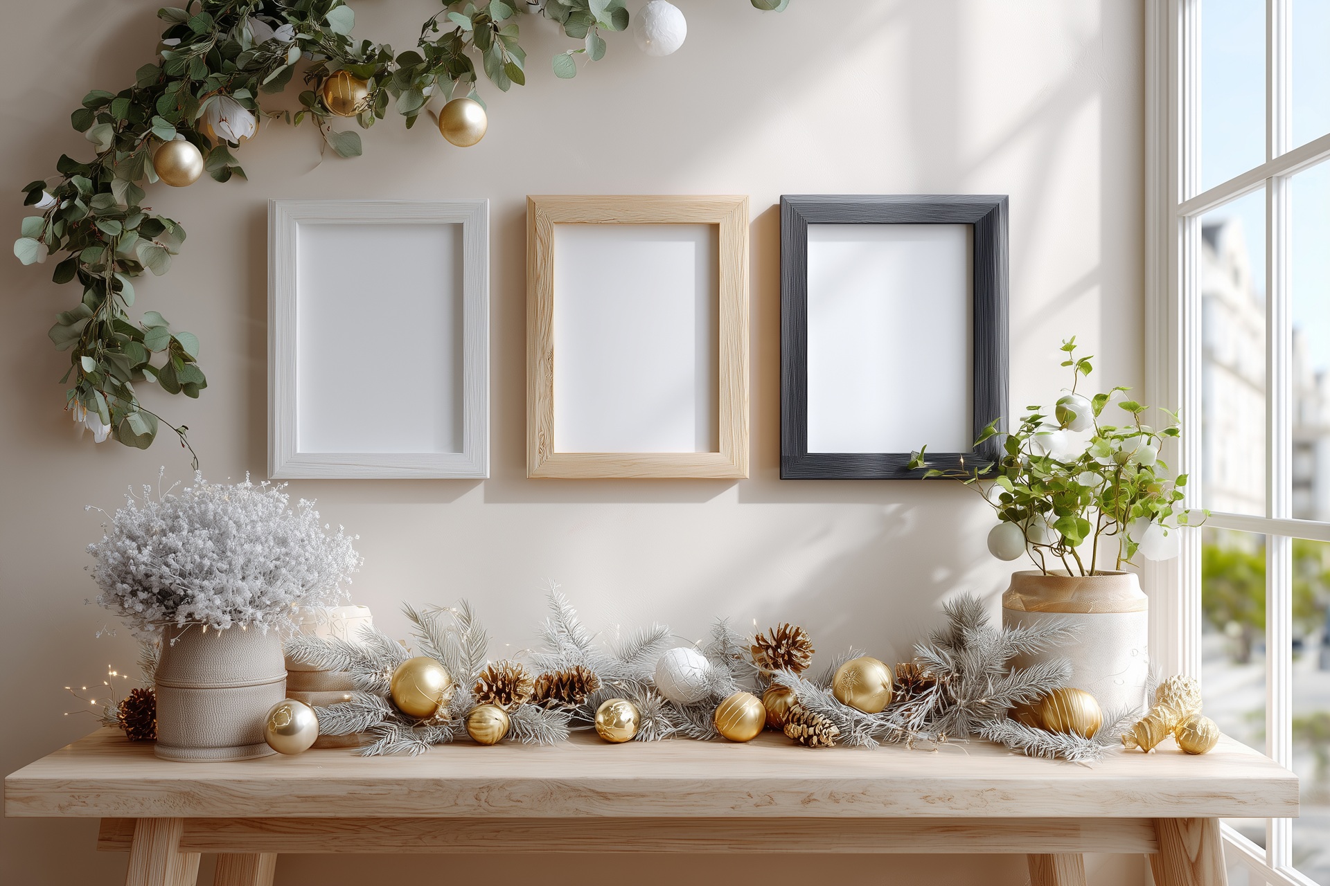 Drei Bilderrahmen über weihnachtlich dekoriertem Tisch | Wandpaneel